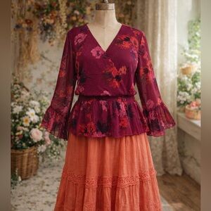 Ophelia Roe Floral, Sparkly, Flowy, Flare Sleeve Blouse